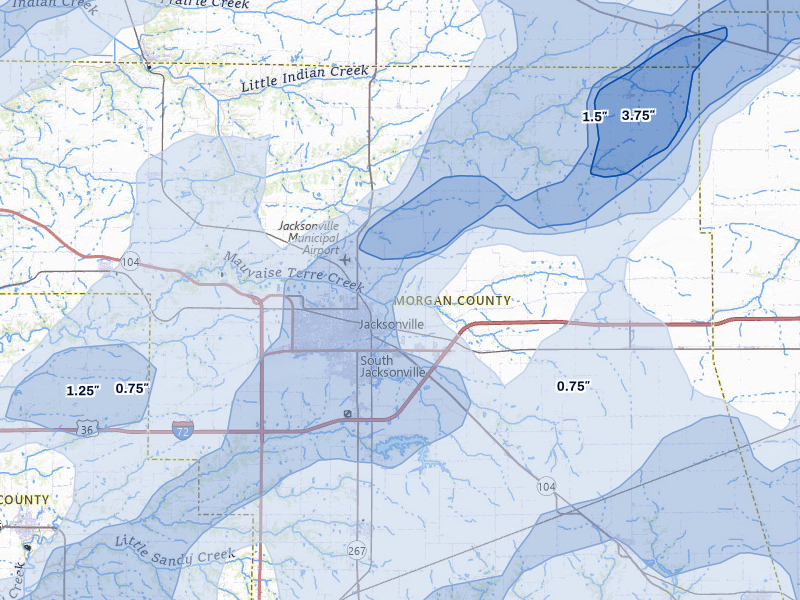 NEXRAD radar-signature map of the hail storm over Jacksonville, IL on Apr 27, 2026
