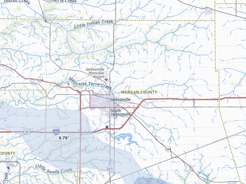 NEXRAD radar-signature map of the hail storm over Jacksonville, IL on May 3, 2026