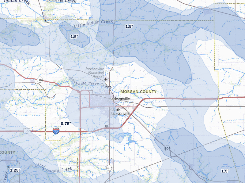 NEXRAD radar-signature map of the hail storm over Jacksonville, IL on May 4, 2026