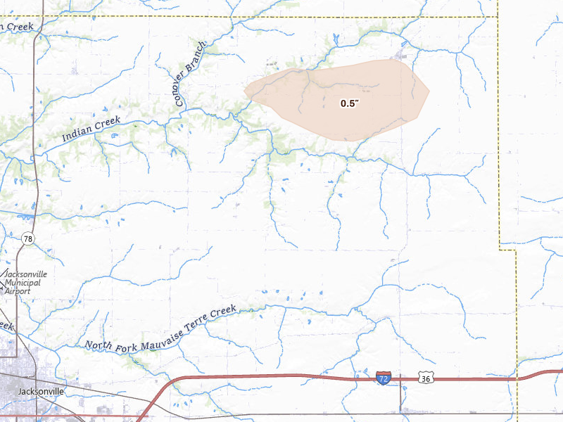 Radar-estimated hail-size map of the storm over Jacksonville, IL on Aug 16, 2026