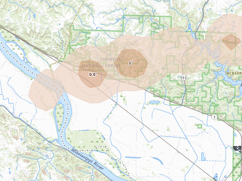 Radar-estimated hail-size map of the storm over Jacob, IL on Apr 26, 2026