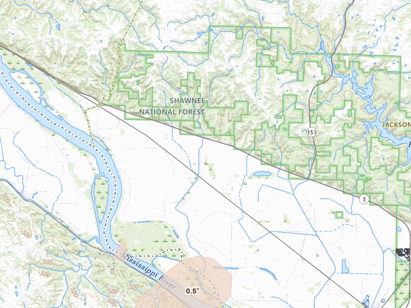 Radar-estimated hail-size map of the storm over Jacob, IL on Jul 4, 2026