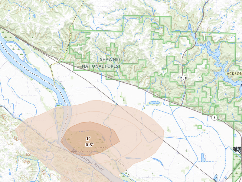 Radar-estimated hail-size map of the storm over Jacob, IL on Jul 9, 2026