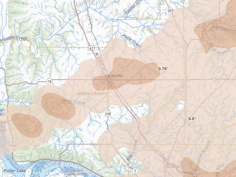 Radar-estimated hail-size map of the storm over Jerseyville, IL on Apr 27, 2026