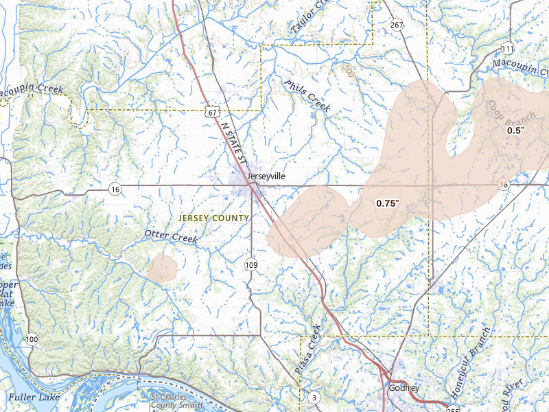 Radar-estimated hail-size map of the storm over Jerseyville, IL on Jun 11, 2026