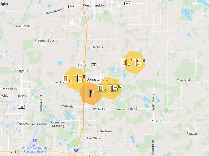 Hail map of Johnston City, IL on Jun 1, 2026, hail up to 1"