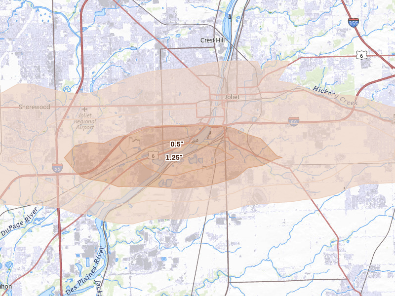 Radar-estimated hail-size map of the storm over Joliet, IL on Mar 31, 2026