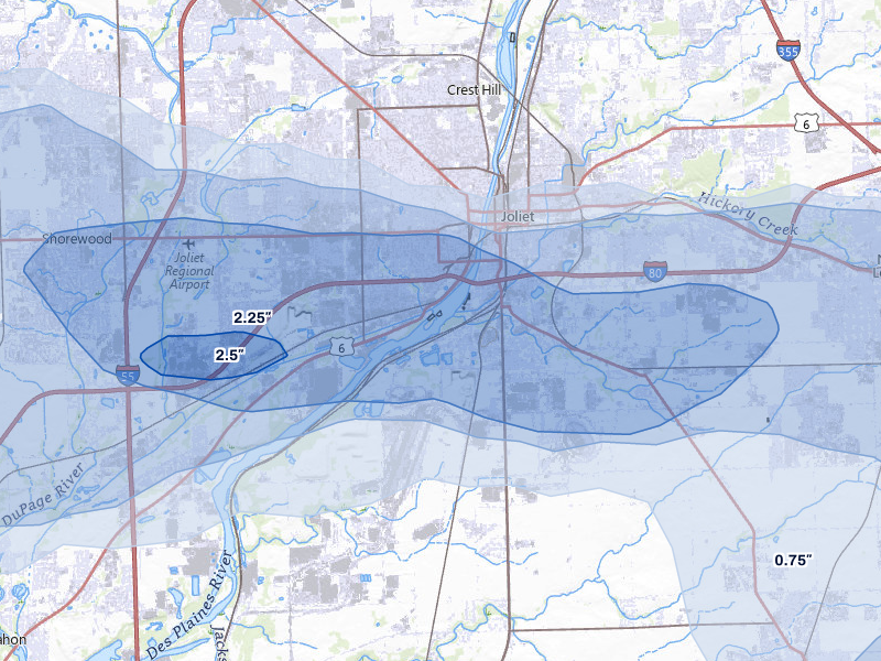 NEXRAD radar-signature map of the hail over Joliet, IL