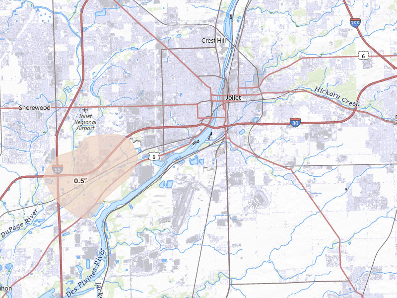 Radar-estimated hail-size map of the storm over Joliet, IL on Jul 2, 2026