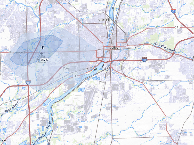 NEXRAD radar-signature map of the hail over Joliet, IL