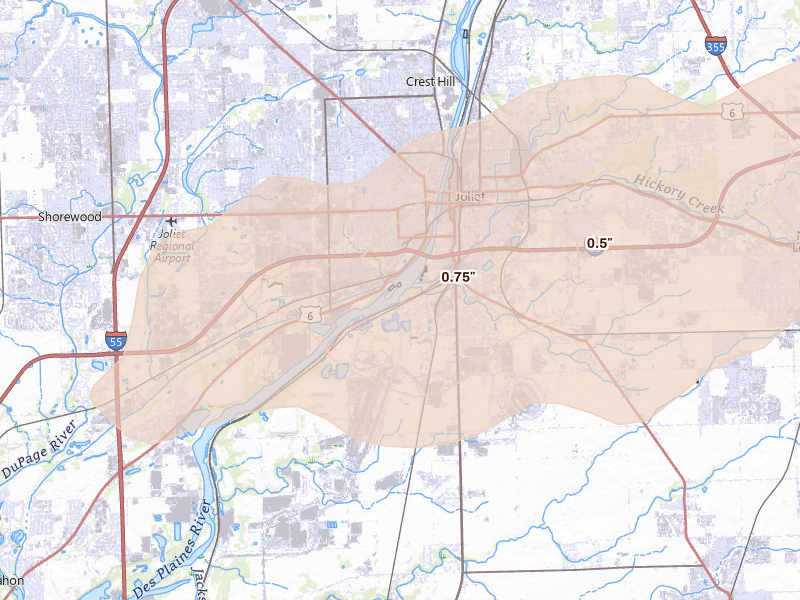 Radar-estimated hail-size map of the storm over Joliet, IL on Jul 3, 2026