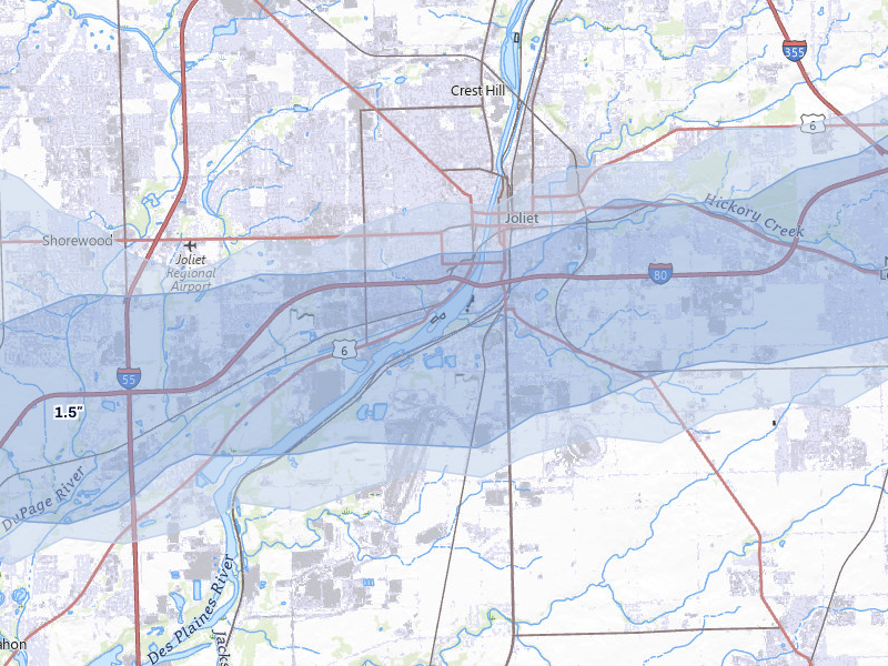 NEXRAD radar-signature map of the hail storm over Joliet, IL on Jul 3, 2026