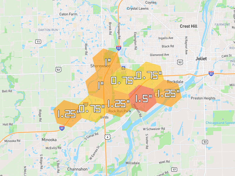Hail map of Joliet, IL on Jul 3, 2026, hail up to 1.5"