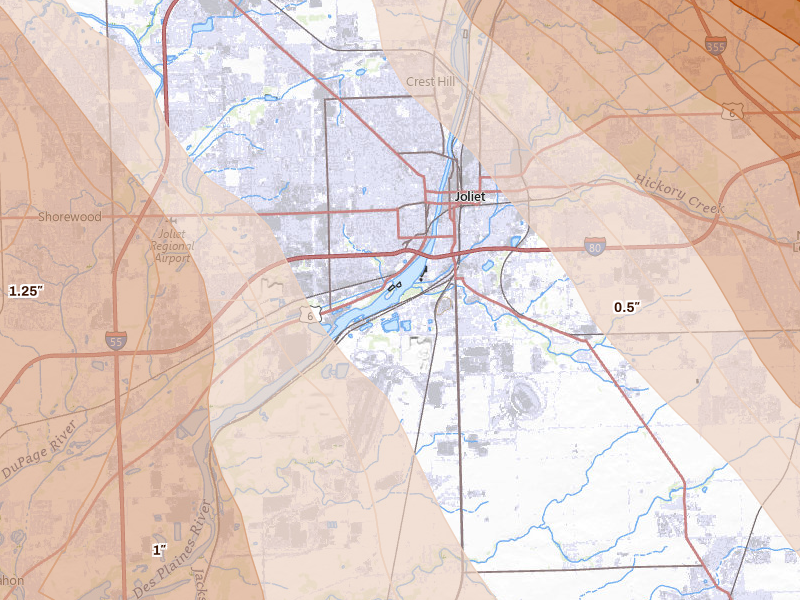 Radar-estimated hail-size map of the storm over Joliet, IL on Jul 27, 2026
