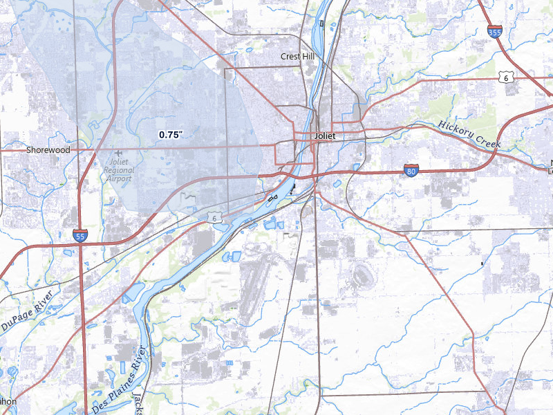 NEXRAD radar-signature map of the hail storm over Joliet, IL on Jul 27, 2026