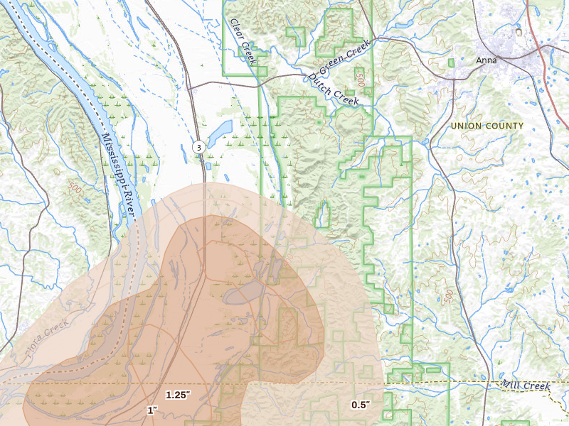 Radar-estimated hail-size map of the storm over Jonesboro, IL on Apr 26, 2026