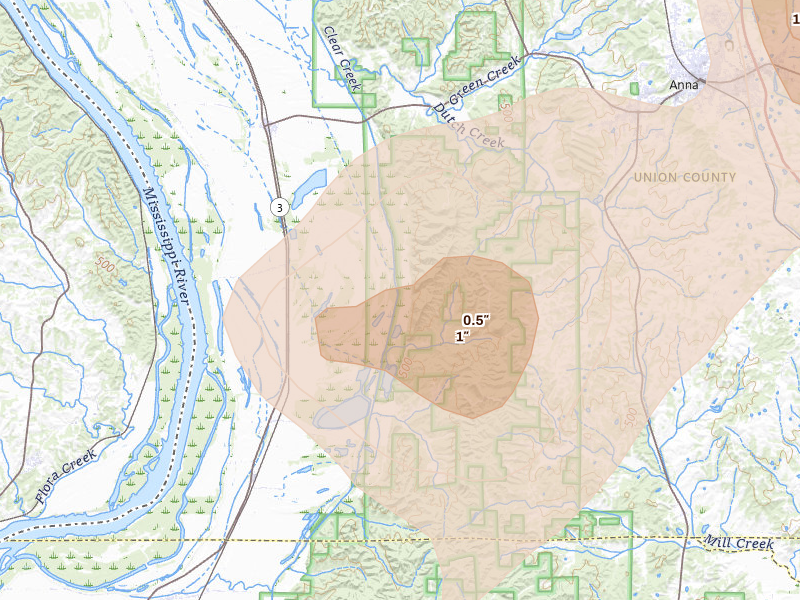 Radar-estimated hail-size map of the storm over Jonesboro, IL on Apr 27, 2026