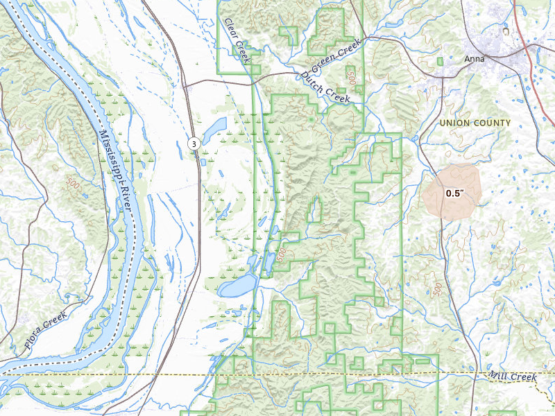 Radar-estimated hail-size map of the storm over Jonesboro, IL on Jul 9, 2026