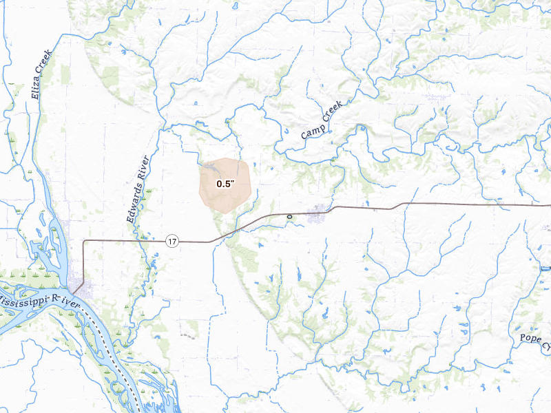 Radar-estimated hail-size map of the storm over Joy, IL on May 15, 2026