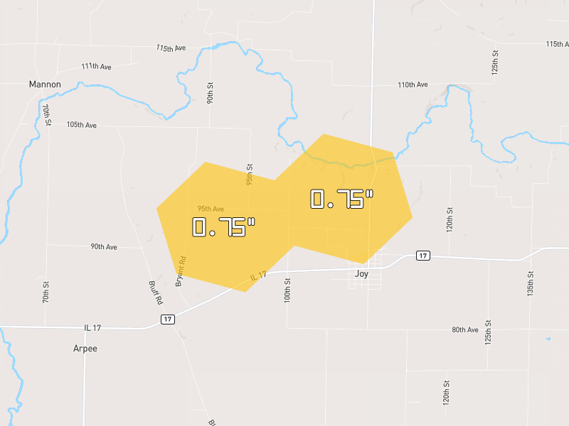 Hail map of Joy, IL on Jun 6, 2026, hail up to 0.75"