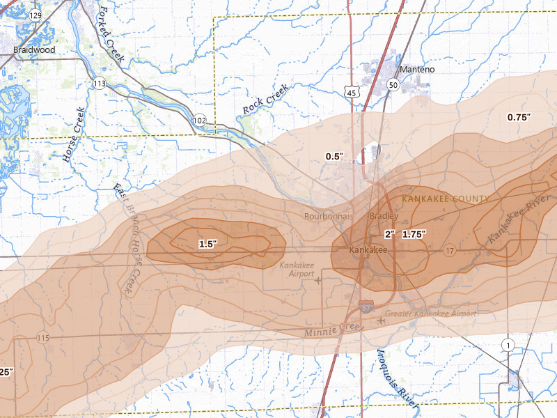 Radar-estimated hail-size map of the storm over Kankakee, IL on Mar 10, 2026