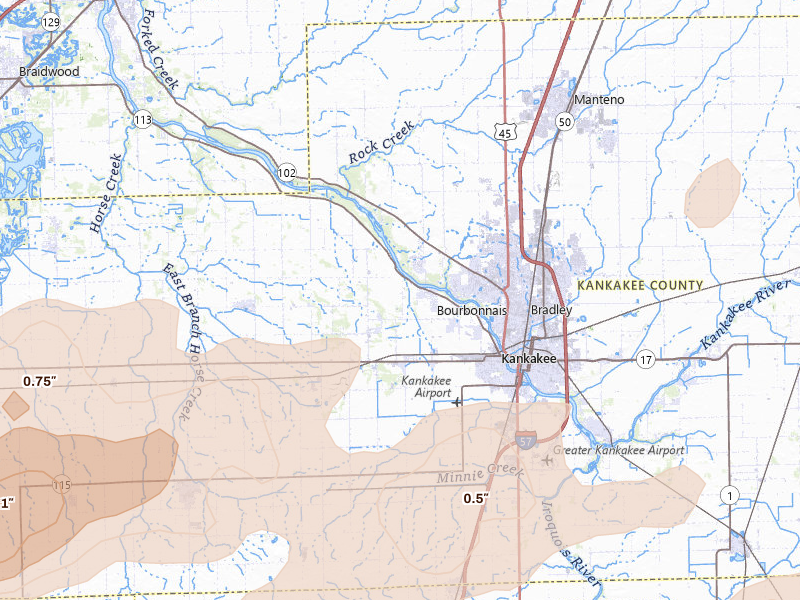 Radar-estimated hail-size map of the storm over Kankakee, IL on Apr 13, 2026