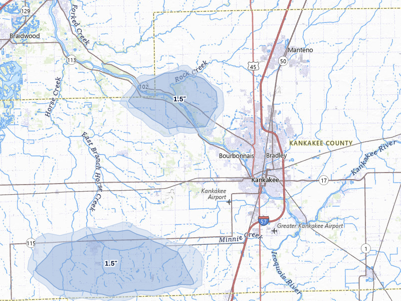 NEXRAD radar-signature map of the hail storm over Kankakee, IL on Jul 9, 2026