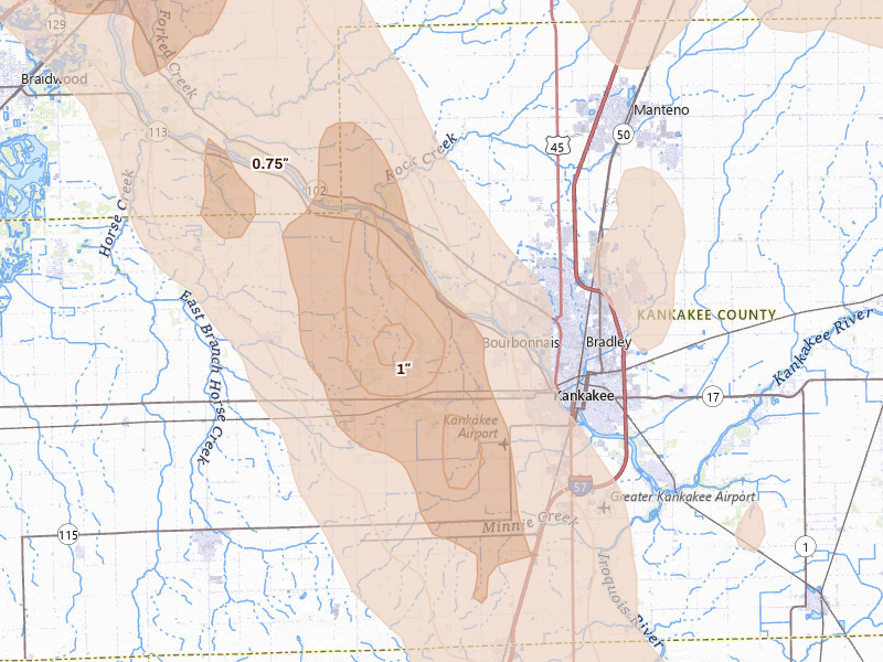 Radar-estimated hail-size map of the storm over Kankakee, IL on Jul 27, 2026