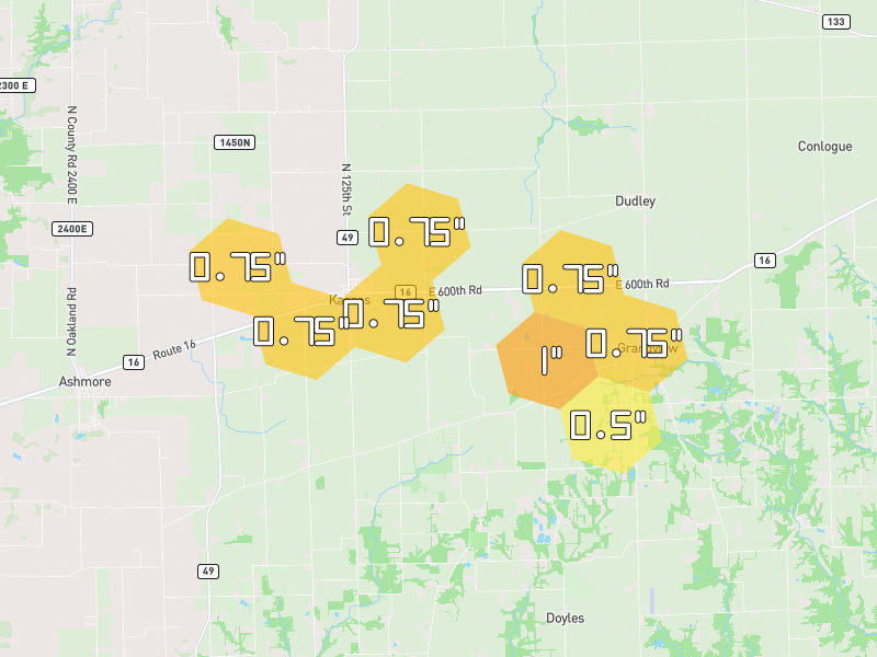 Hail map of Kansas, IL on Jun 9, 2026, hail up to 1"