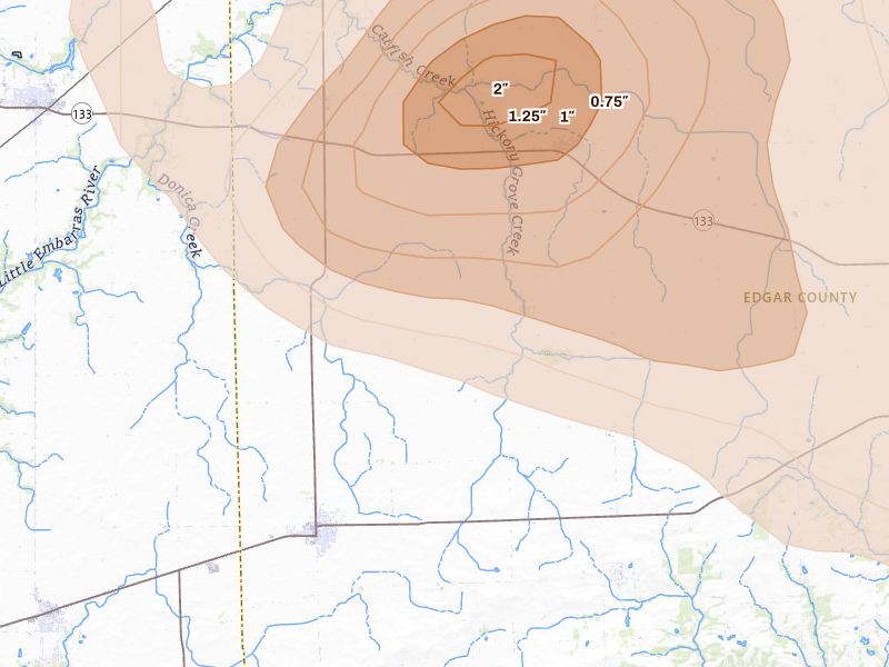 Radar-estimated hail-size map of the storm over Kansas, IL on Aug 11, 2026