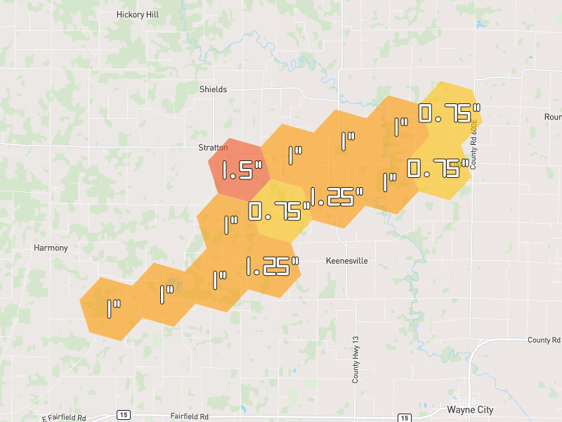 Hail map of Keenes, IL on Jul 4, 2026, hail up to 1.5"