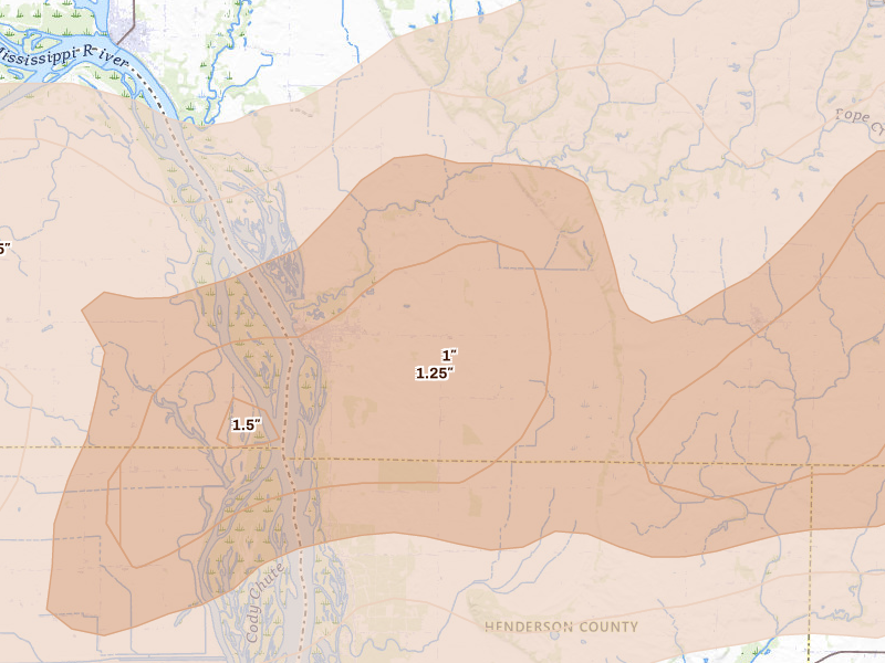 Radar-estimated hail-size map of the storm over Keithsburg, IL on Mar 10, 2026