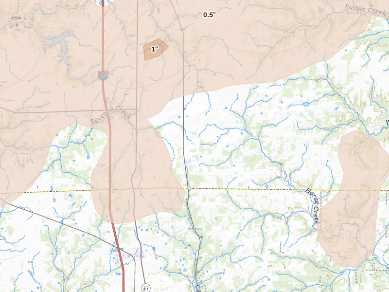 Radar-estimated hail-size map of the storm over Kell, IL on Apr 27, 2026