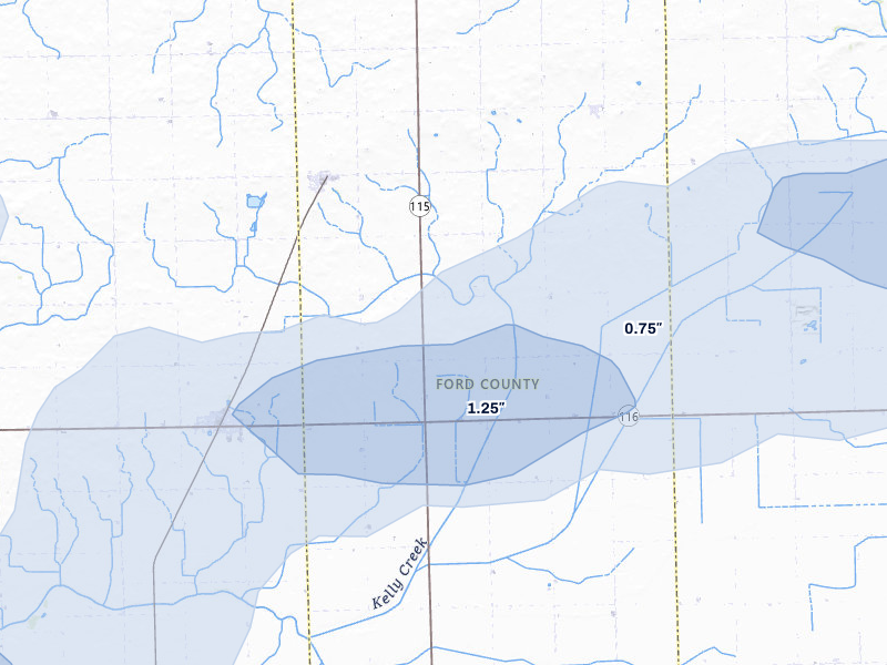 NEXRAD radar-signature map of the hail storm over Kempton, IL on Jun 5, 2026