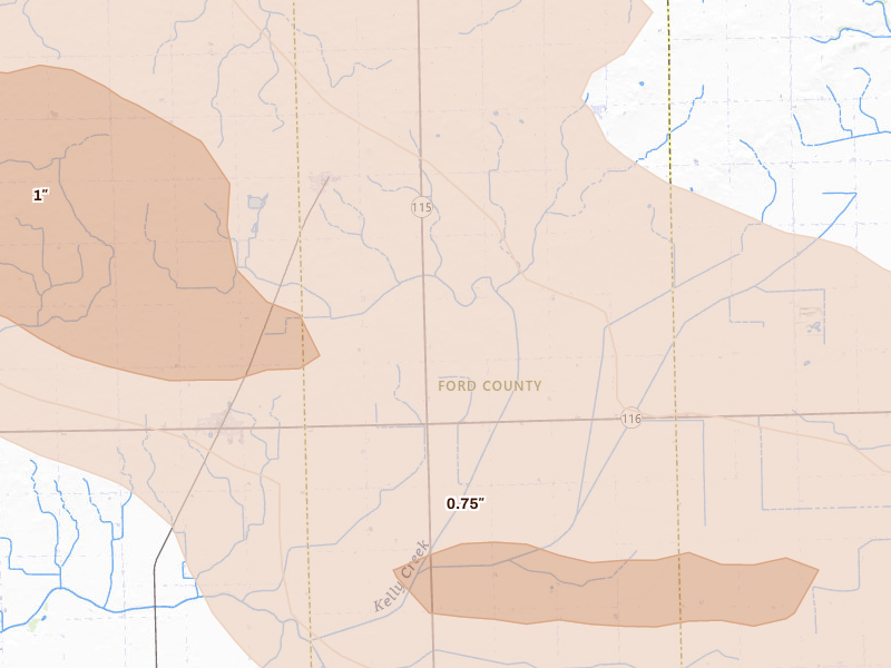 Radar-estimated hail-size map of the storm over Kempton, IL on Aug 9, 2026