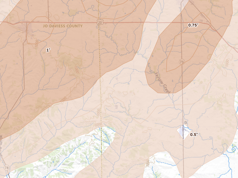 Radar-estimated hail-size map of the storm over Kent, IL on Apr 17, 2026