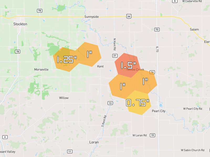 Hail map of Kent, IL on Jul 3, 2026, hail up to 1.5"