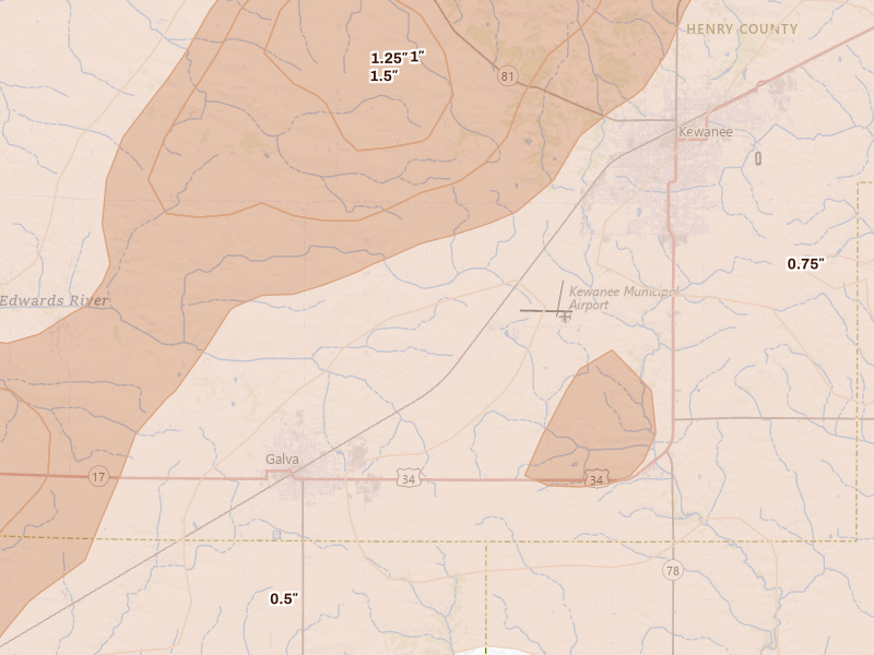 Radar-estimated hail-size map of the storm over Kewanee, IL on Mar 10, 2026