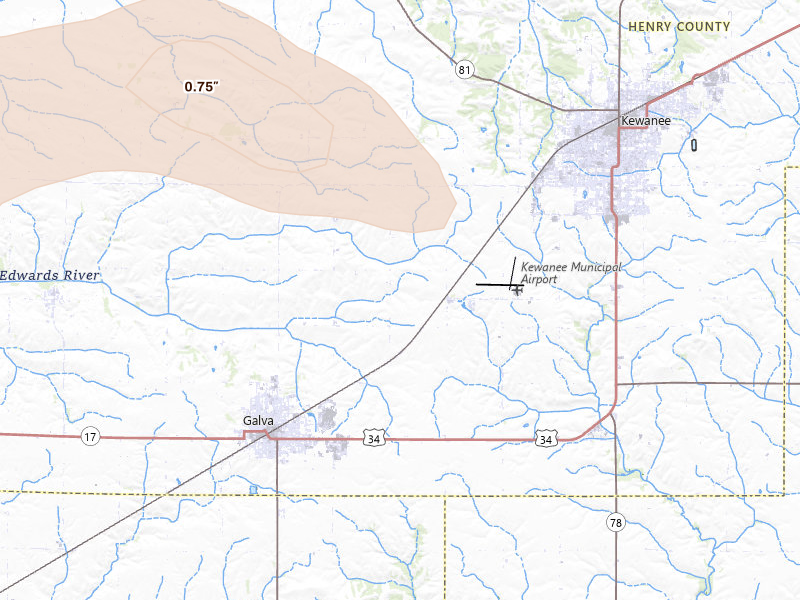 Radar-estimated hail-size map of the storm over Kewanee, IL on Jun 5, 2026
