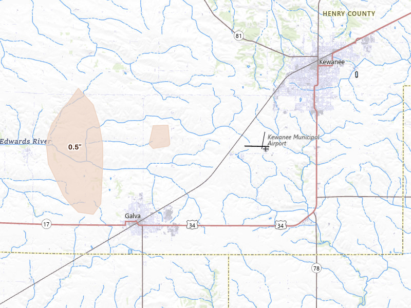 Radar-estimated hail-size map of the storm over Kewanee, IL on Jun 10, 2026