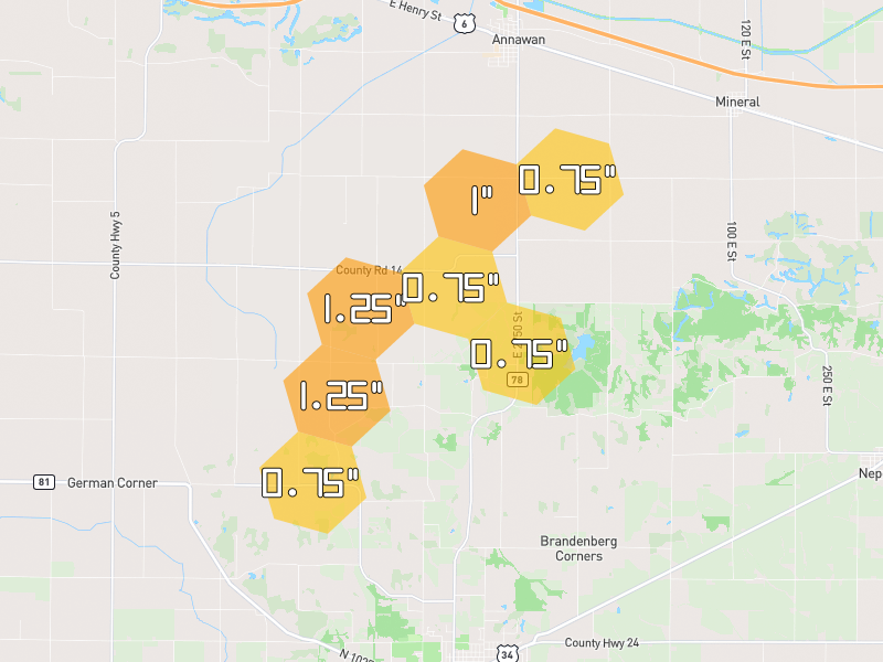 Hail map of Kewanee, IL on Jul 3, 2026, hail up to 1.25"