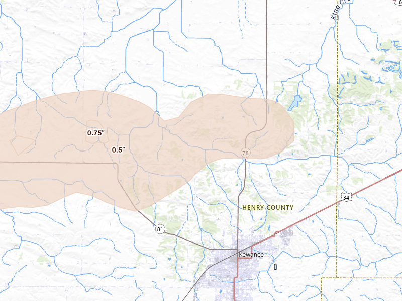 Radar-estimated hail-size map of the storm over Kewanee, IL on Aug 9, 2026