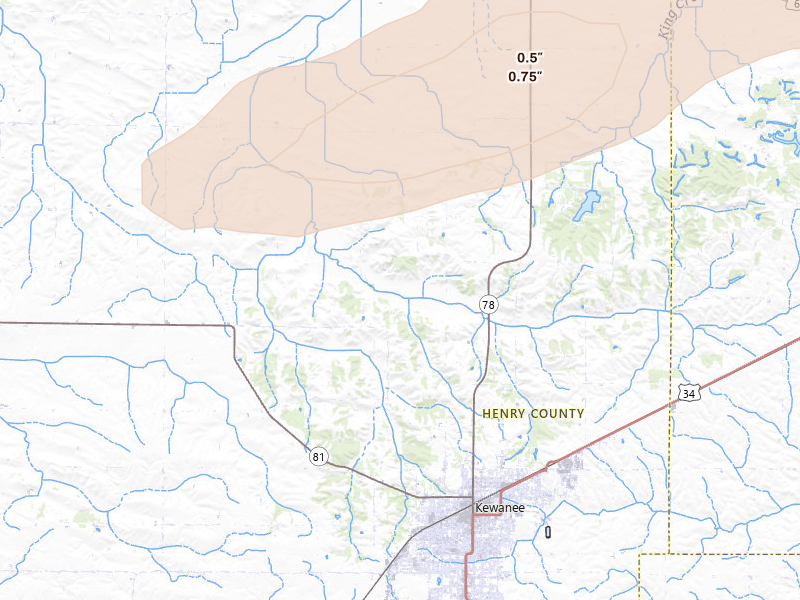 Radar-estimated hail-size map of the storm over Kewanee, IL on Aug 11, 2026