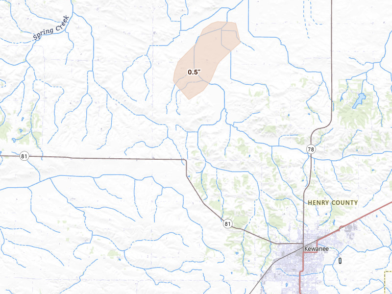 Radar-estimated hail-size map of the storm over Kewanee, IL on Aug 12, 2026