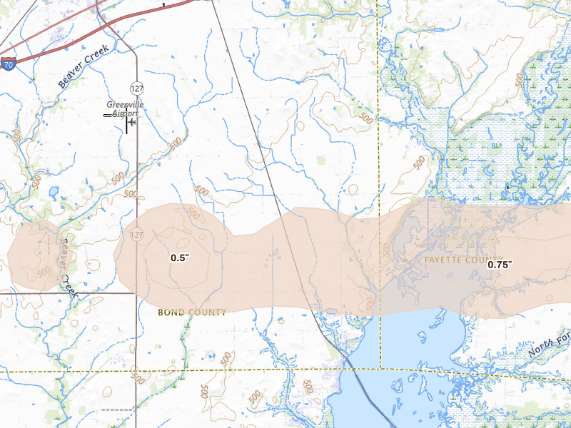 Radar-estimated hail-size map of the storm over Keyesport, IL on Mar 22, 2026