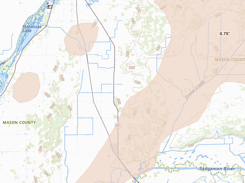 Radar-estimated hail-size map of the storm over Kilbourne, IL on Mar 15, 2026