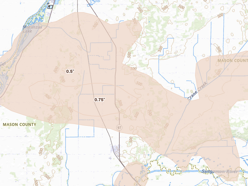 Radar-estimated hail-size map of the storm over Kilbourne, IL on May 4, 2026