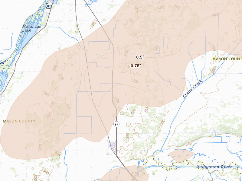 Radar-estimated hail-size map of the storm over Kilbourne, IL on Jun 11, 2026