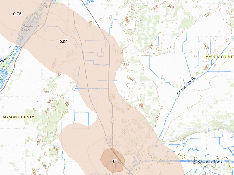 Radar-estimated hail-size map of the storm over Kilbourne, IL on Aug 21, 2026
