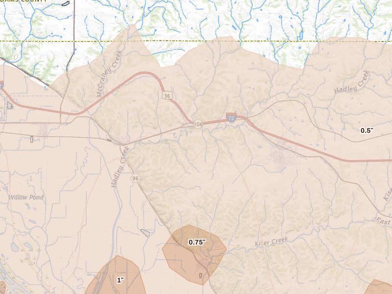 Radar-estimated hail-size map of the storm over Kinderhook, IL on Apr 27, 2026